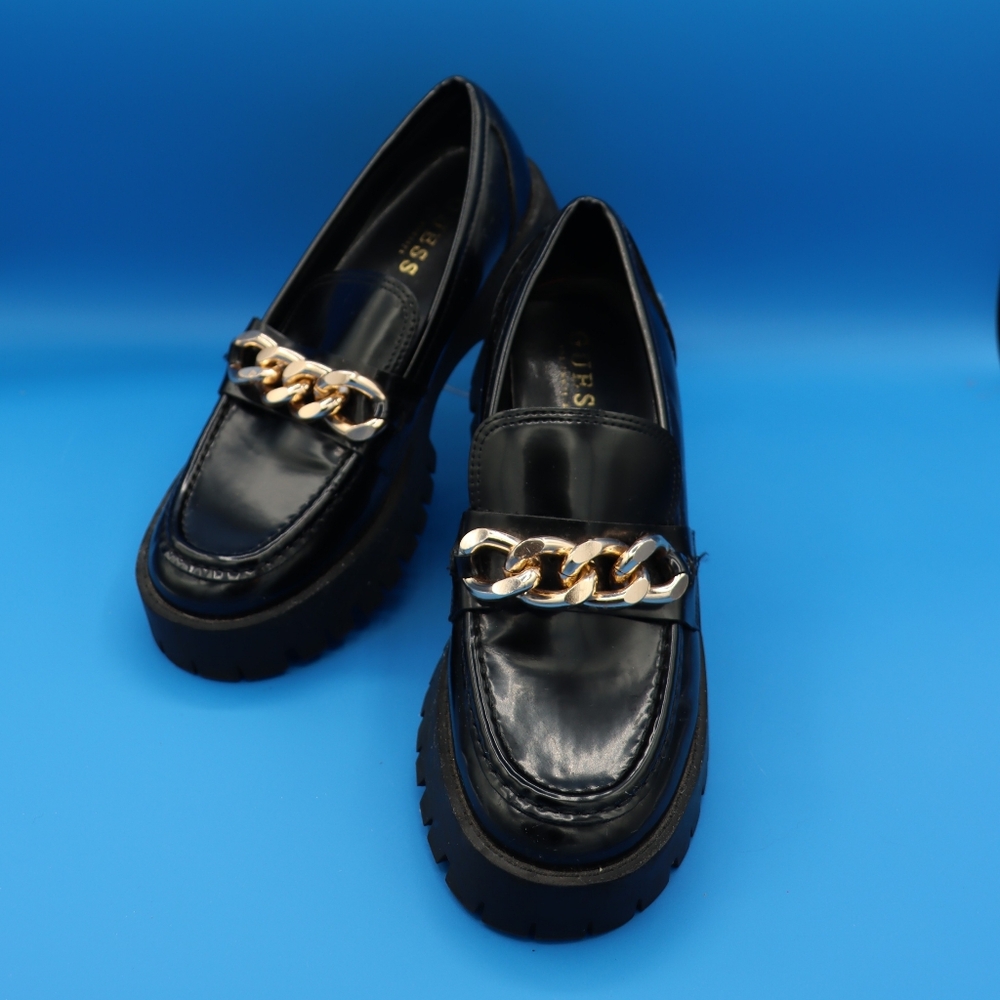 Guess Hillford Lug Sole Loafers Chunky Platform Women's Sz 7.5 Gold Chain Y2k